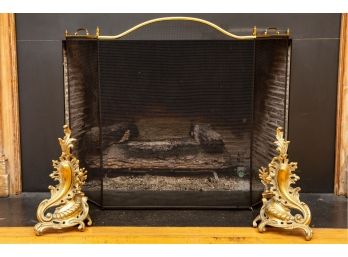 Pair Of Impressive Brass Rococo Style Chenet Andirons And Mesh Fireplace Screen