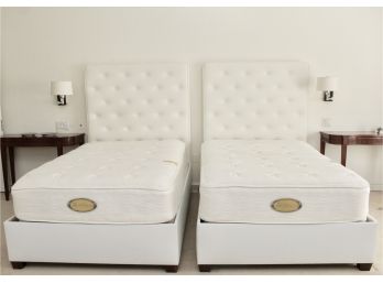 Pair Of White Tufted Twin Headboards And Simmons Beautyrest World Class Dalton Firm Mattresses
