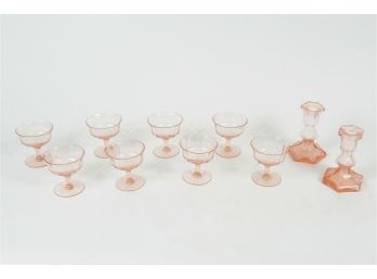 Set Of Eight Pink Depression Glass Sundae Dishes & Candlesticks