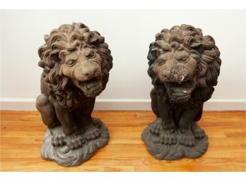 Pair Of Cement Roaring Lion Garden Statues