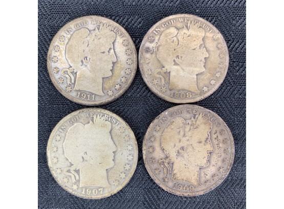 Lot Of 4 Silver Barber Half Dollars 1907-O ,  1908-S ,1909 , 1911