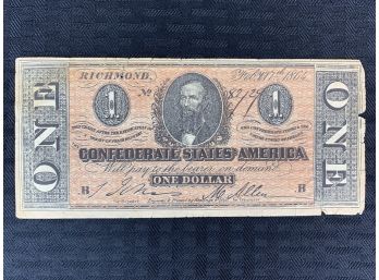 1864 Confederate One Dollar Bill Richmond Va Hand Signed