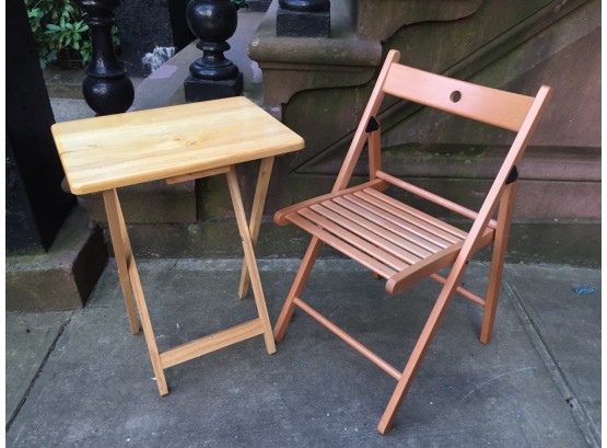 Utilitarian Wooden Folding Chair And Side Table