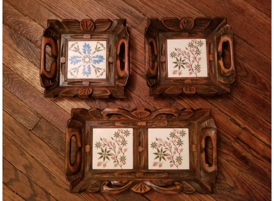 Mid Century Trivets - Ceramic And Carved Wood