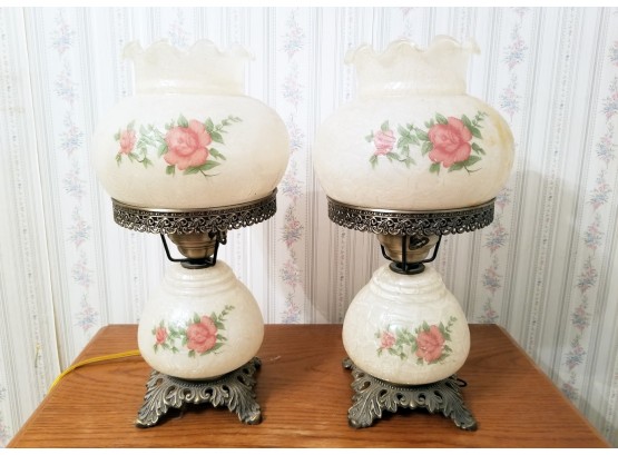 Matching Pair Of Antique Toled Satin Glass Hurricane Style Table Lamp
