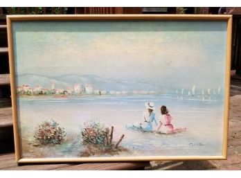 Large Vintage Oil On Canvas - G. Hellen - Seaside Scene