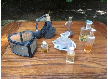 Assortment Of 7 Vintage Ladies Fragrances Flacon & A Glass Heart Trinket Box