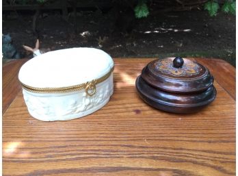 2 Vintage Lidded Trinket Boxes, 1 Wood 1 Porcelain