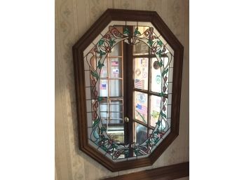 Vintage Wooden Octagonal Mirror With Intricate Stained Glass Overlay Border