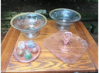 Assortment Of Vintage Depression & Etched Glass Serving Pieces.