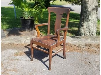 Antique Oak And Leather Arm Chair
