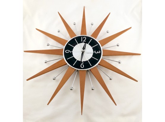 Mid Century Modern George Nelson Wood And Chrome Sunburst Wall Clock