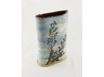 Original Signed Alan Steinberg Brattleboro Clayworks Ceramic Vase With Dayscape Motif