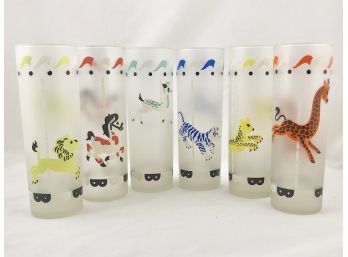 Vintage Set Of 6 Frosted Libbey Carousel Glasses From 1950s