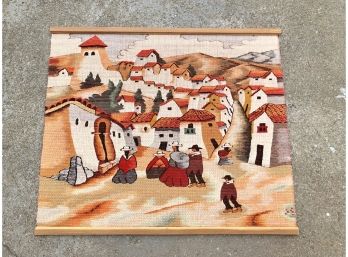 Vintage Handmade Mexican Tapestry Of Village Scene