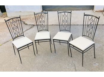 Set Of 4 Mid Century Modern Iron Chairs With Upholstered Seats