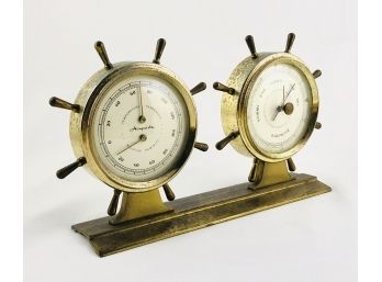Vintage Brass Desktop Airguide Ship Wheel Thermometer And Baromoter