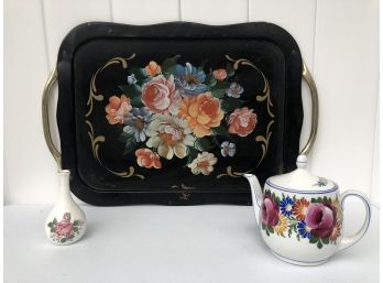 Antique Toleware Tin Tray And Wedgwood China