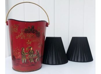 Antique Toleware Painted Bucked And Pair Silk Lamp Shades