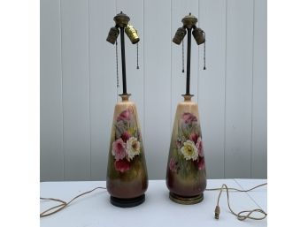 Pair Of Antique Hand Painted Ceramic Urn Lamps