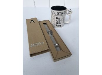 Akteo Stainless Wrist Watch And Wall Street Coffee Mug