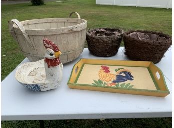 Mixed Lot Of Country Baskets And Rooster Serveware