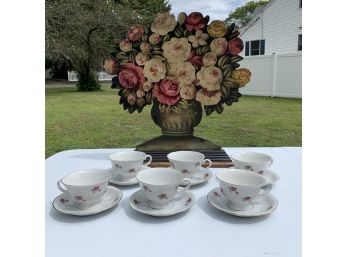 Vintage Set Of China Teacups And Painted Decorative 'flower Arrangement'