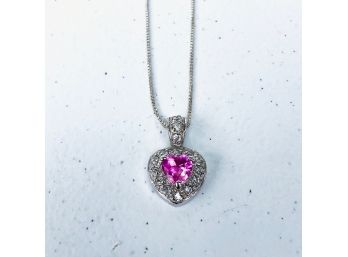 Italian Sterling Silver Box Chain Necklace With Gemstone Heart Pendant