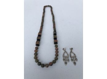Unakite Beaded Necklace And Sterling Dangling Post Earrings