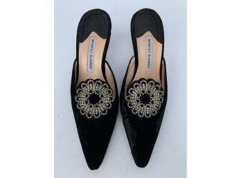 Manolo Blahnik Black Mules With Jeweled Accent