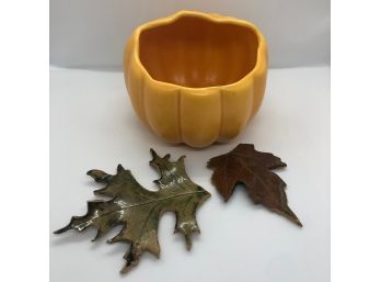 Autumn Ceramics, Jaeger Pumpkin Bowl And Handmade Leaves