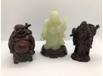 Chinese Buddha Figurines, One Jade On Wooden Stand
