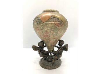 Hungarian Ceramic Bowl With Metal Accents On Angel Base
