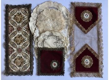 Vintage Handmade Velvet & Lace Table Linens, Doilies