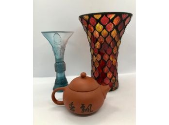 Red Stained Glass Vase, Blue Vase And Small Asian Tea Kettle