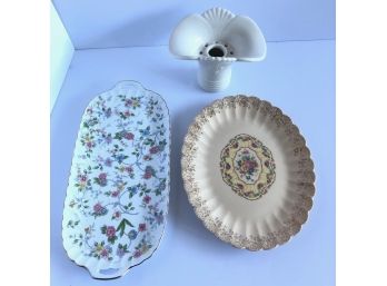 Floral China Platters With Gold Accents, Ceramic Bud Vase