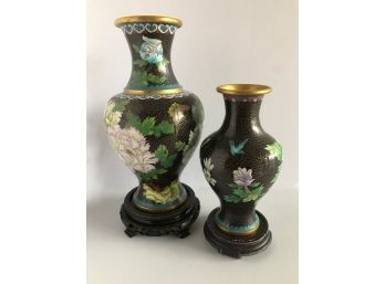Chinese Floral Enamel Vases On Wood Bases