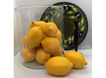 Faux Lemons In Glass Canister, Ceramic Plate And Bud Vase