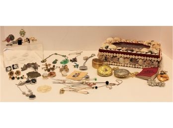 Mixed Lot Assorted Costume Jewelry & Vintage Shell Jewelry Box
