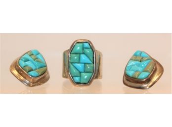 Vintage Jay King DRT Desert Rose Trading Sterling Silver & Turquoise Ring & Pierced Earrings