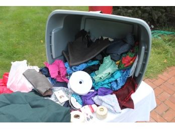 Plastic Tub Full Of Fabrics And Related Items