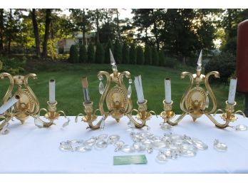 Set Of Three Vintage Crystal And Brass Wall Sconces-Used As Props  From New York City Opera At Lincoln Center