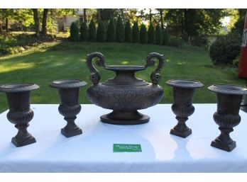 Set Of Four 8' Tall Metal Urns & One 14' Long X 12' Tall Wood Urn - Great Look