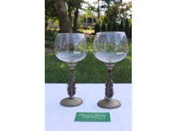Great Pair Of Jeweled Pewter & Violin Stemmed Wine Glasses