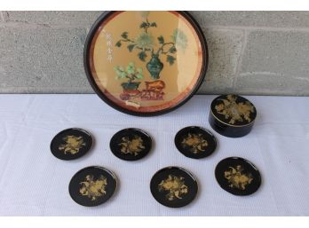 Asian Lot Including Chinese Wall Plaque & A Set Of Six Hand Crafted Otagiri Original Japan Coasters In Case