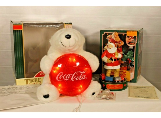 Coca-cola Polar Bear Tree Topper In Box &  Santa Claus Mechanical Bank From Ertl In Box