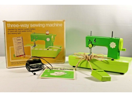 Vintage Avocado Green Three-Way Sewing Machine From JCPenny Box And Instructions