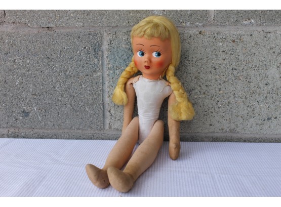 Vintage Clothe Doll With Braided Blonde Hair And Plastic Face