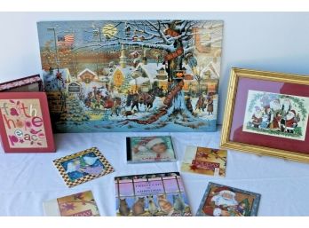 Mixed Christmas Lot With CD's, Advent Calendar, Faith, Hope, Peace Stationary, Cute Framed Picture Of Santa's
