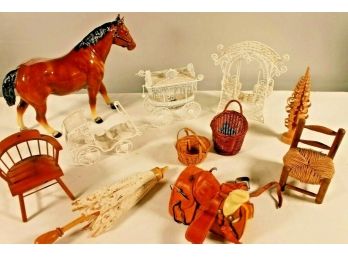 Miscellaneous Lot Of Collectible Doll Accessories Including Beautiful Leather Saddle, Horse, Parasol & More